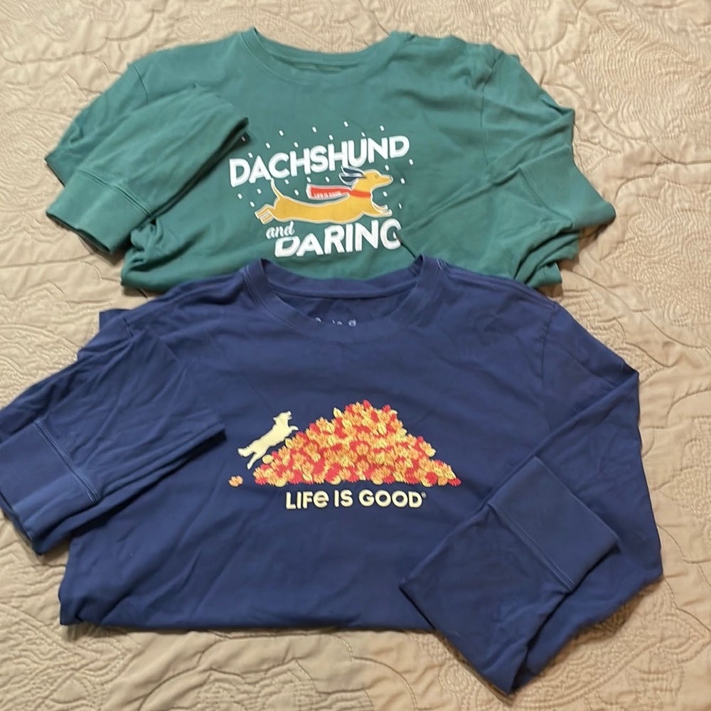2 men’s life is good ls t shirts.